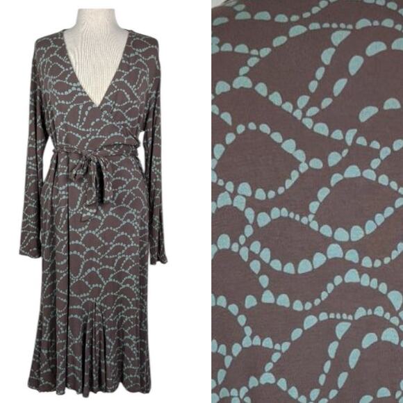 Boden Paris Jersey Faux Wrap Dress Brown Blue 6 LONG V-Neck Tie Sleeve Midi - Picture 1 of 6